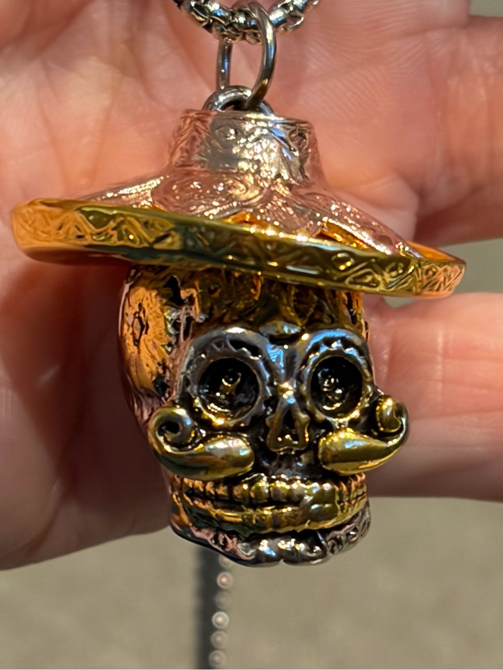 Sugar Skull Sombrero Pendant Necklace Two Tone Day of the Dead